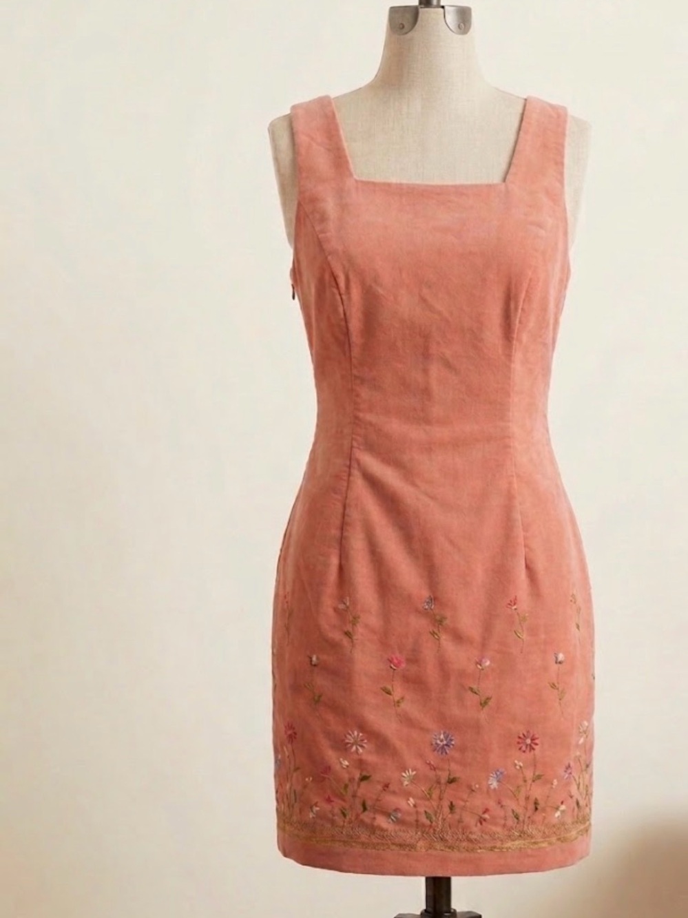 Vintage 90s Embroidered Floral Square Neck Sheath Dress Cottagecore Coquette